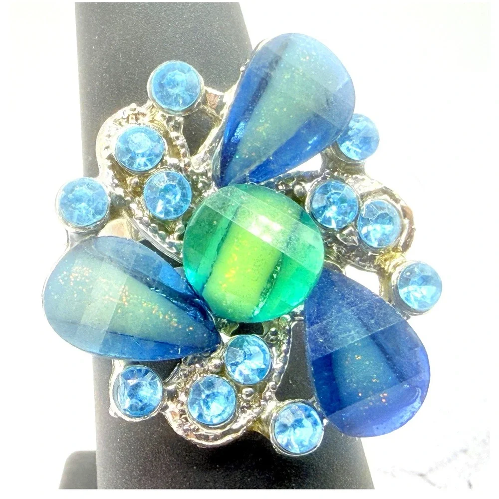 Blue Green Bead Rhinestone Adjustable Ring Size 6.5 - 7 Silver Tone Band